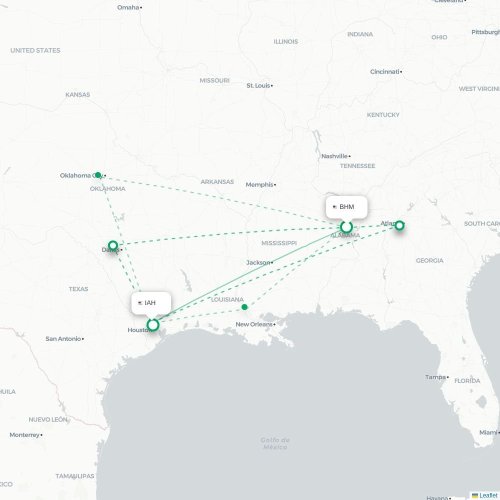 Mapa de vuelo directo Birmingham - Houston