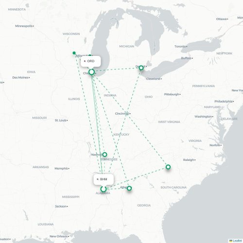 Mapa de vuelo directo Birmingham - Chicago