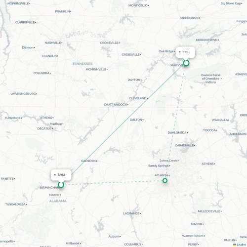 Mapa de vuelo directo Birmingham - Knoxville