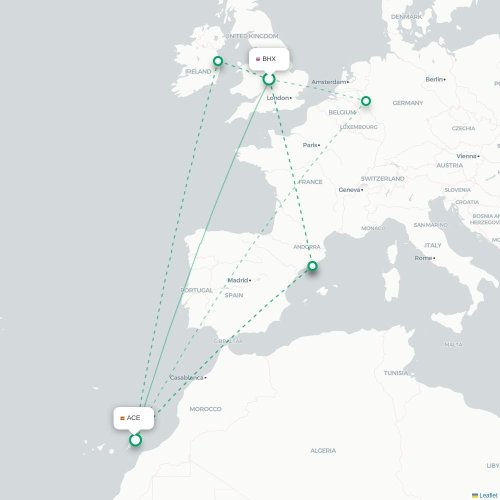 Mapa de vuelo directo Birmingham - Arrecife