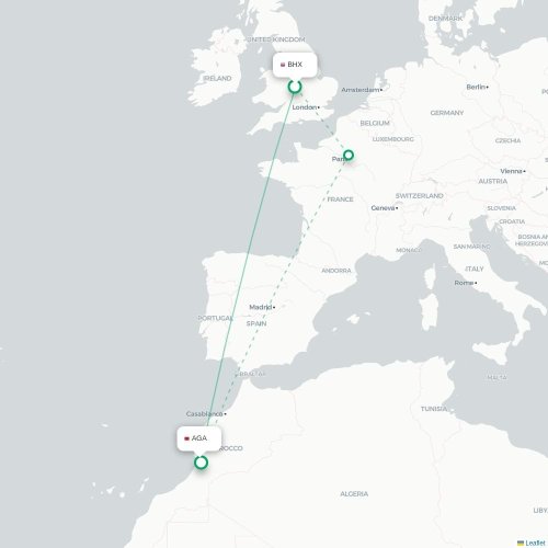 Mapa de vuelo directo Birmingham - Agadir