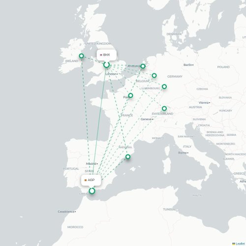 Mapa de vuelo directo Birmingham - Málaga