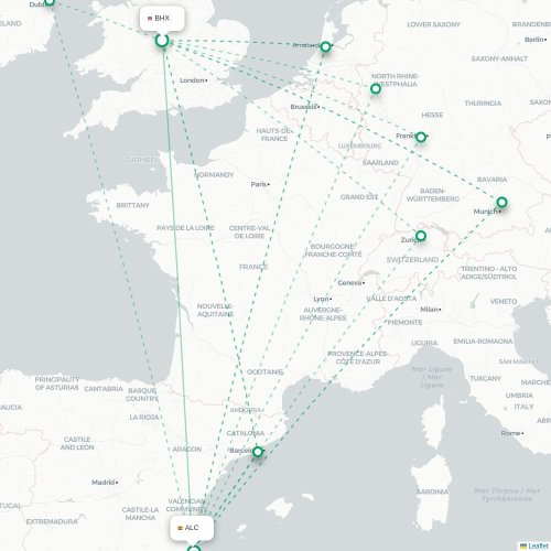 Mapa de vuelo directo Birmingham - Alicante