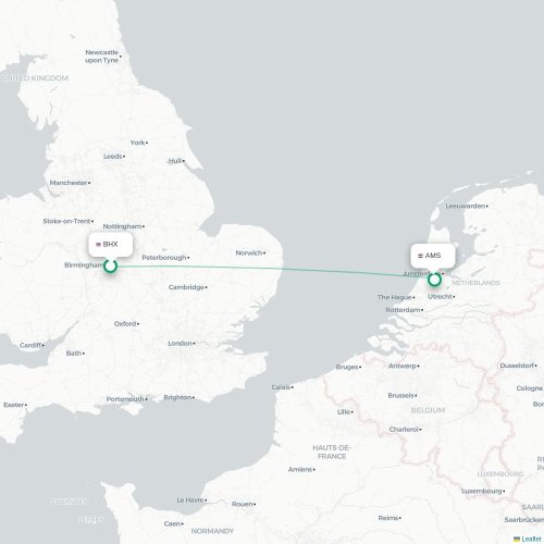 Mapa de vuelo directo Birmingham - Ámsterdam