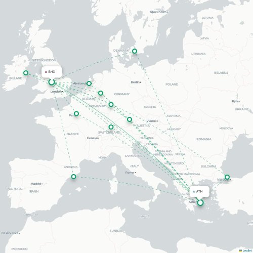 Mapa de vuelo directo Birmingham - Atenas