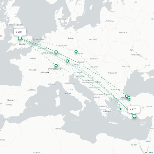 Mapa de vuelo directo Birmingham - Antalya