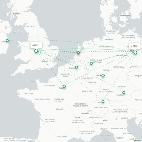 Mapa de vuelo directo Birmingham - Berlín