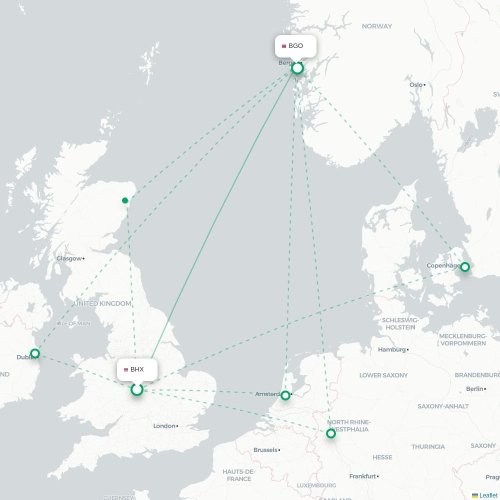 Mapa de vuelo directo Birmingham - Bergen