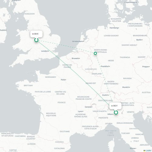 Mapa de vuelo directo Birmingham - Bérgamo