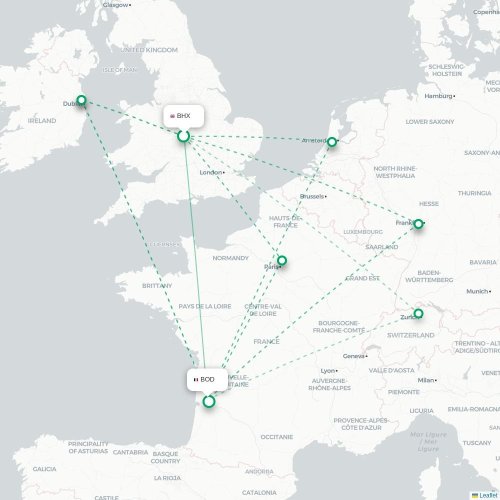 Mapa de vuelo directo Birmingham - Burdeos
