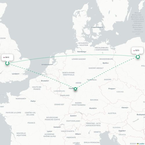 Mapa de vuelo directo Birmingham - Bydgoszcz