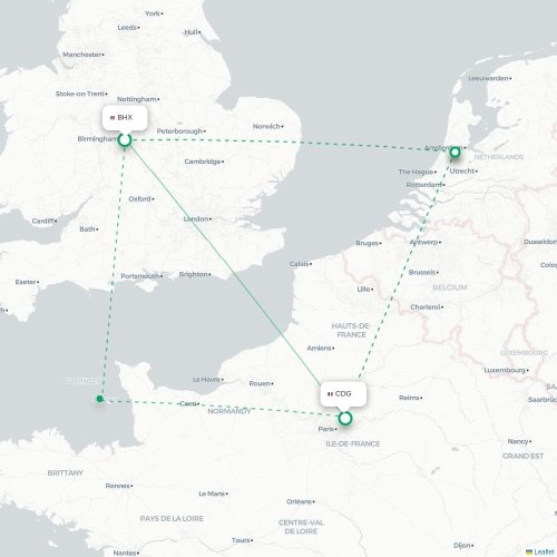 Mapa de vuelo directo Birmingham - París