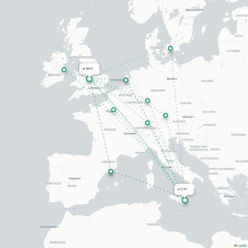 Mapa de vuelo directo Birmingham - Catania