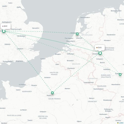 Mapa de vuelo directo Birmingham - Düsseldorf
