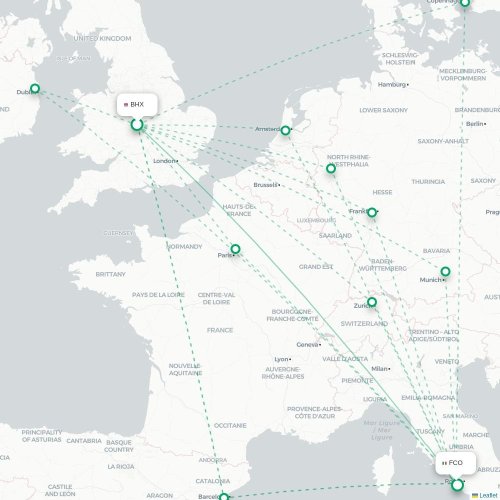 Mapa de vuelo directo Birmingham - Roma