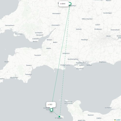 Mapa de vuelo directo Birmingham - Saint Peter Port