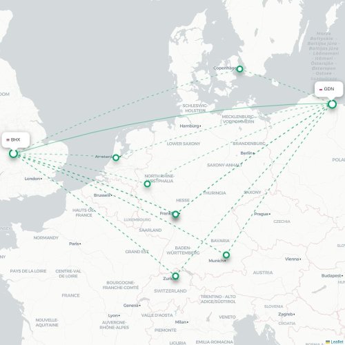 Mapa de vuelo directo Birmingham - Gdansk