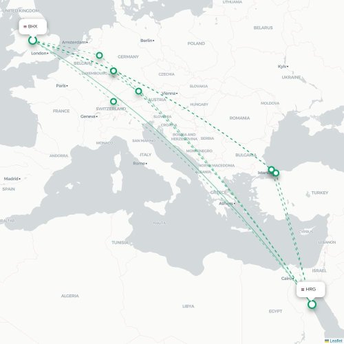 Mapa de vuelo directo Birmingham - Hurgada
