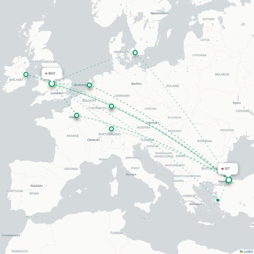 Mapa de vuelo directo Birmingham - Estambul