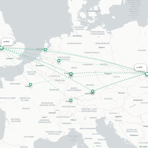 Mapa de vuelo directo Birmingham - Cracovia