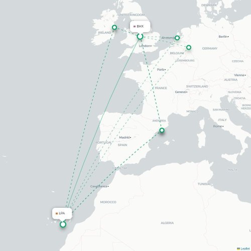 Mapa de vuelo directo Birmingham - Las Palmas de Gran Canaria