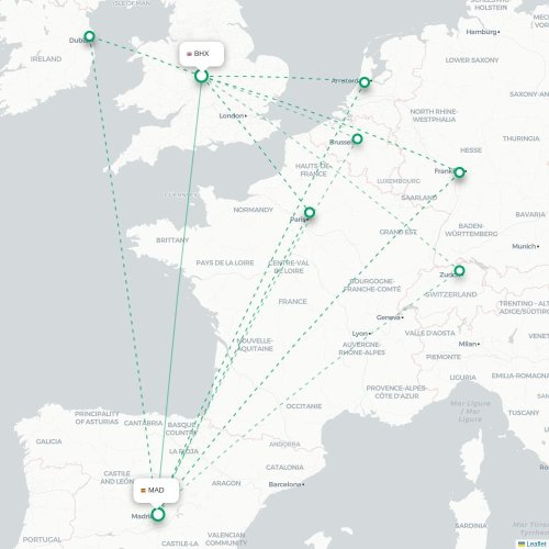 Mapa de vuelo directo Birmingham - Madrid