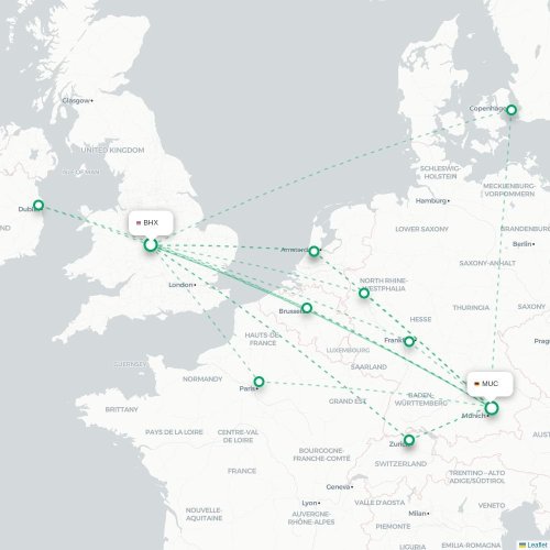Mapa de vuelo directo Birmingham - Múnich