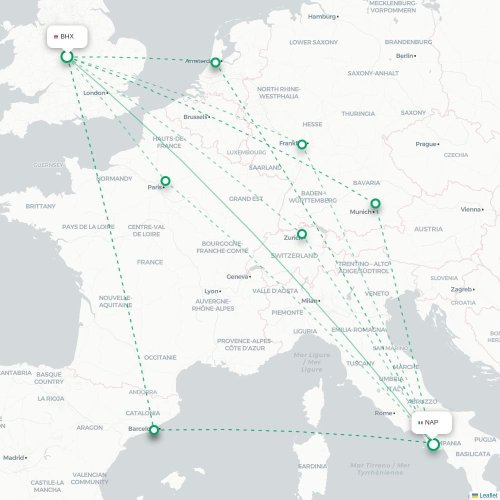 Mapa de vuelo directo Birmingham - Nápoles