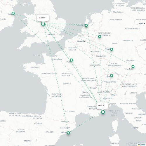 Mapa de vuelo directo Birmingham - Niza