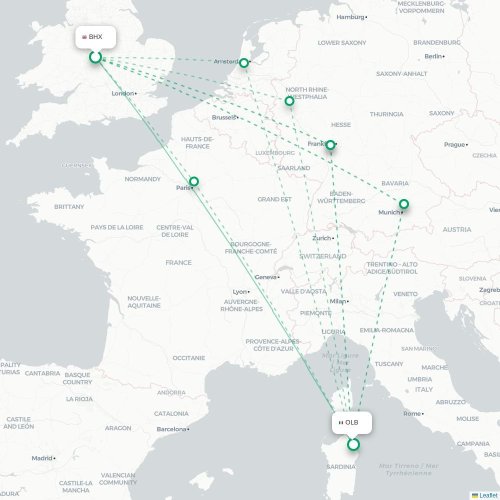 Mapa de vuelo directo Birmingham - Olbia