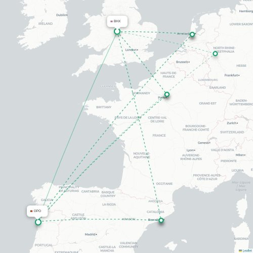 Birmingham - Porto karta över direktflyg