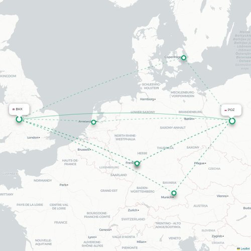 Mapa de vuelo directo Birmingham - Posnania