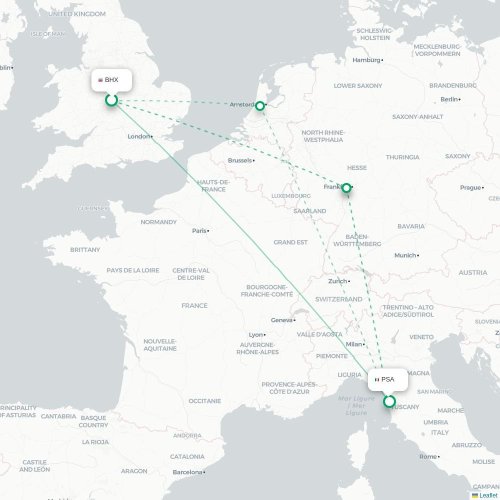 Mapa de vuelo directo Birmingham - Pisa
