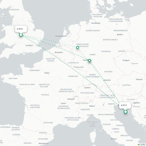 Mapa lotu bezpośredniego Birmingham – Pula