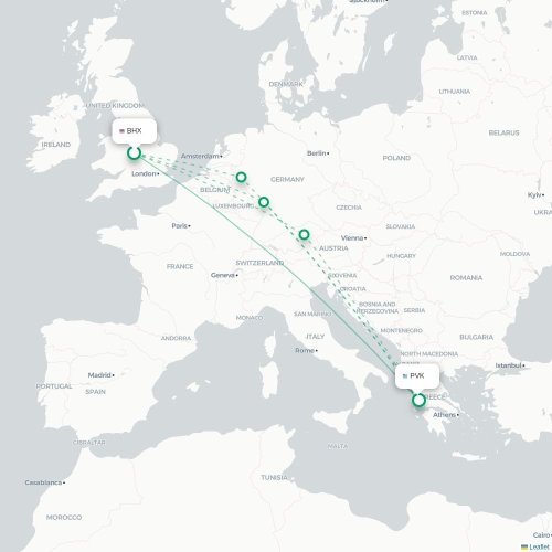 Mapa de vuelo directo Birmingham - Preveza