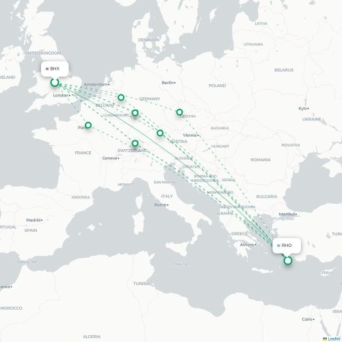 Mapa de vuelo directo Birmingham - Rodas