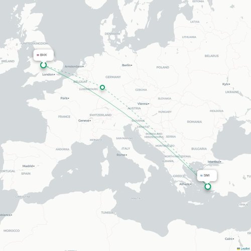 Mapa de vuelo directo Birmingham - Samos