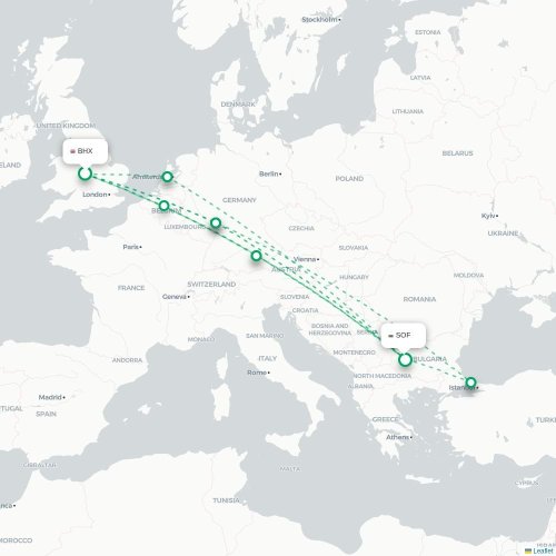 Mapa lotu bezpośredniego Birmingham – Sofia