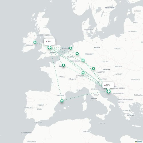 Mapa lotu bezpośredniego Birmingham – Split