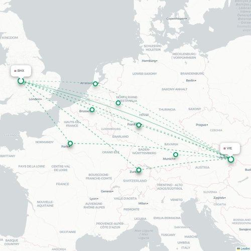 Birmingham - Wien karta över direktflyg