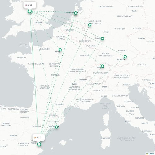 Mapa de vuelo directo Birmingham - Valencia