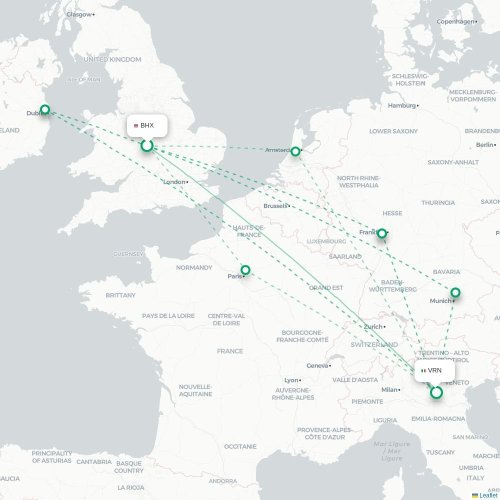 Mapa de vuelo directo Birmingham - Verona