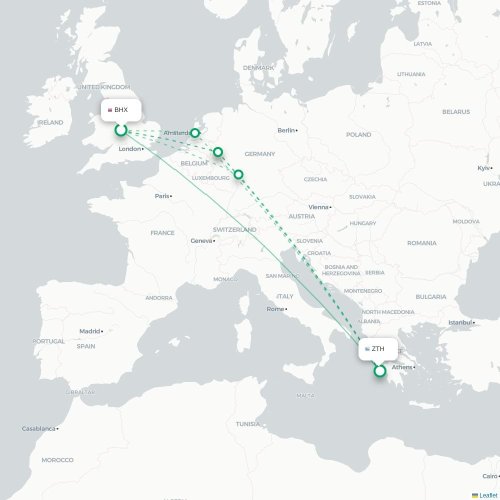 Mapa de vuelo directo Birmingham - Zakynthos