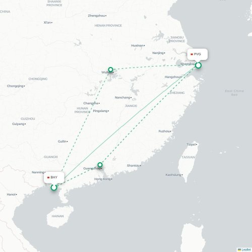 Mapa lotu bezpośredniego Beihai – Szanghaj