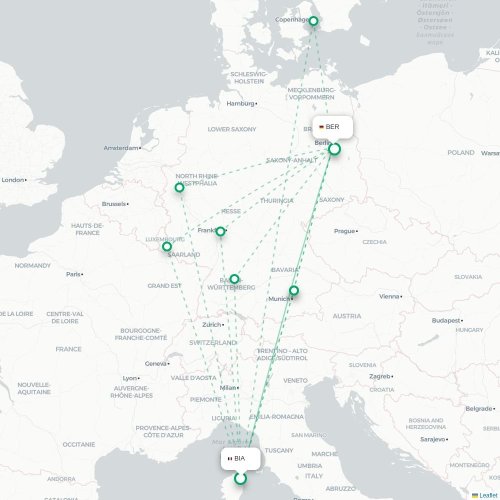 Mapa lotu bezpośredniego Bastia – Berlin