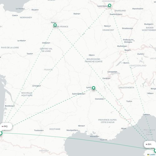 Mapa de vuelo directo Bastia - Biarriz