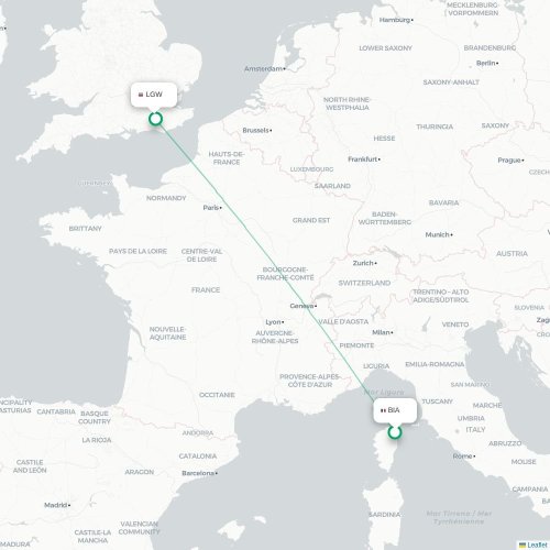 Mapa de vuelo directo Bastia - Londres