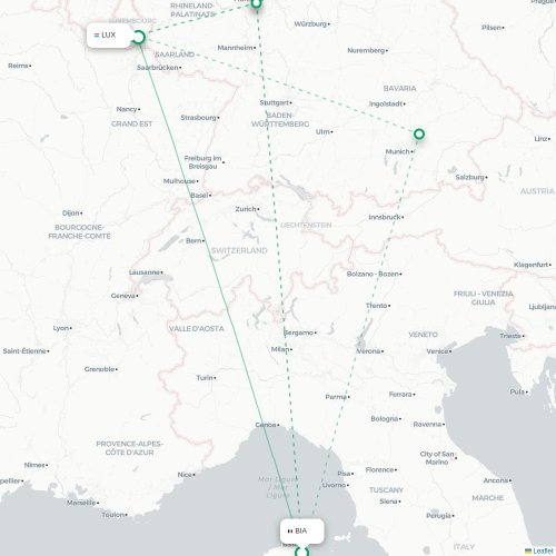 Mapa de vuelo directo Bastia - Luxemburgo