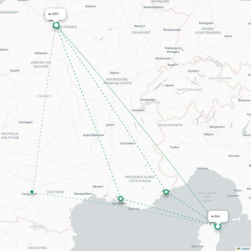 Mapa lotu bezpośredniego Bastia – Paryż