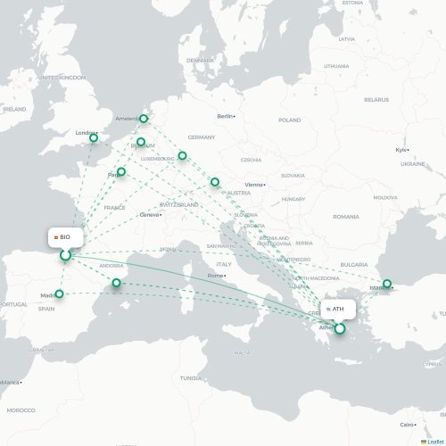 Mapa de vuelo directo Bilbao - Atenas